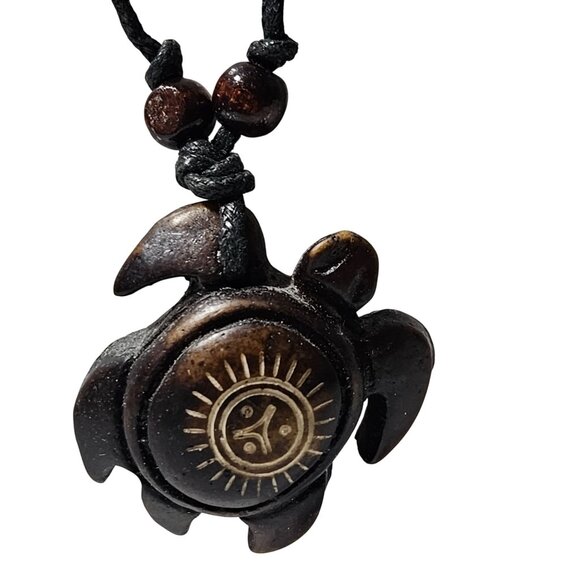 Earthy Hand Carved Wooden Turtle Pendant Necklace Sunburst Boho Beach Cord Women - Picture 2 of 5